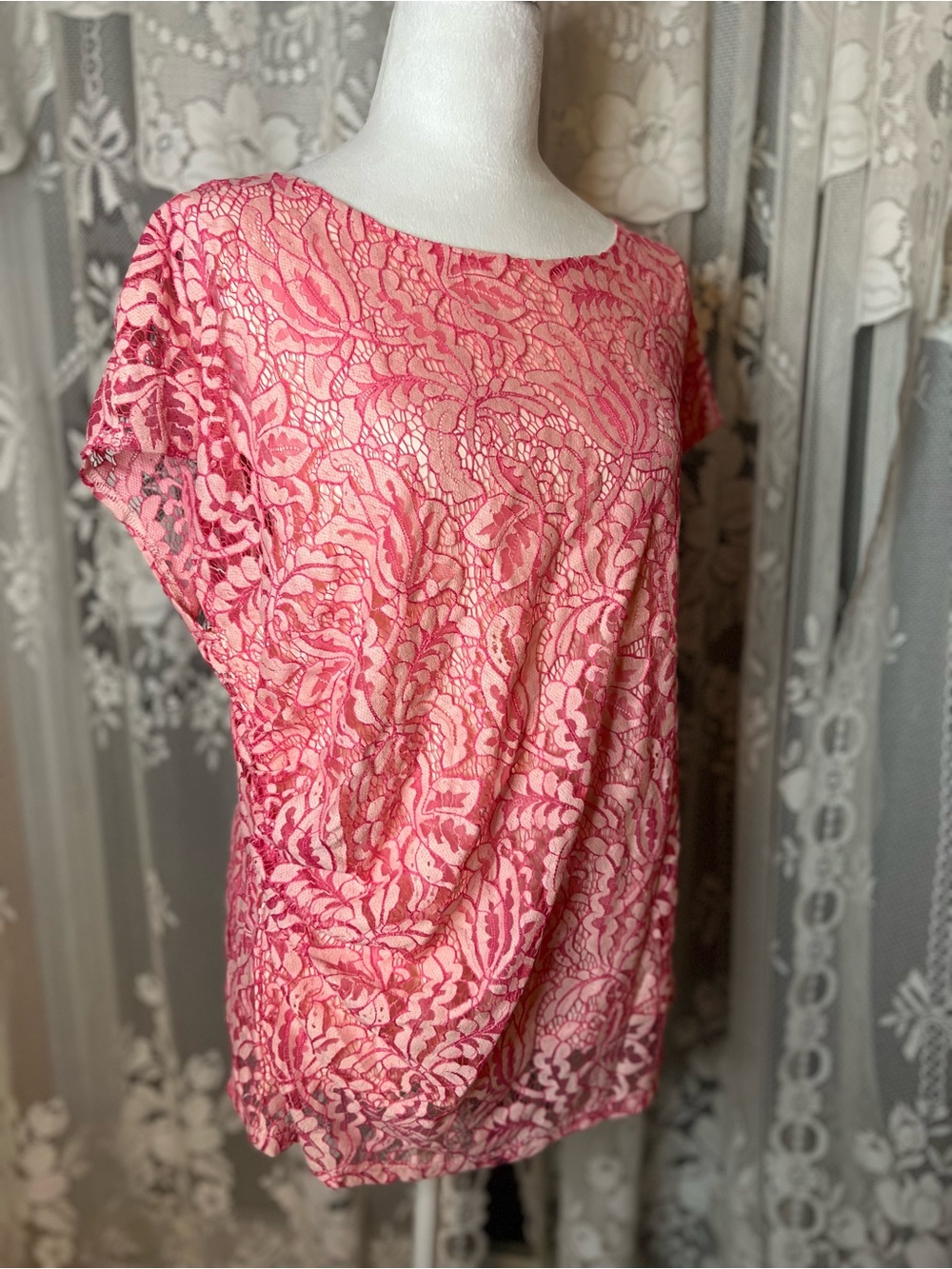 cleo Pink Lace Overlay Short Sleeve Blouse XL